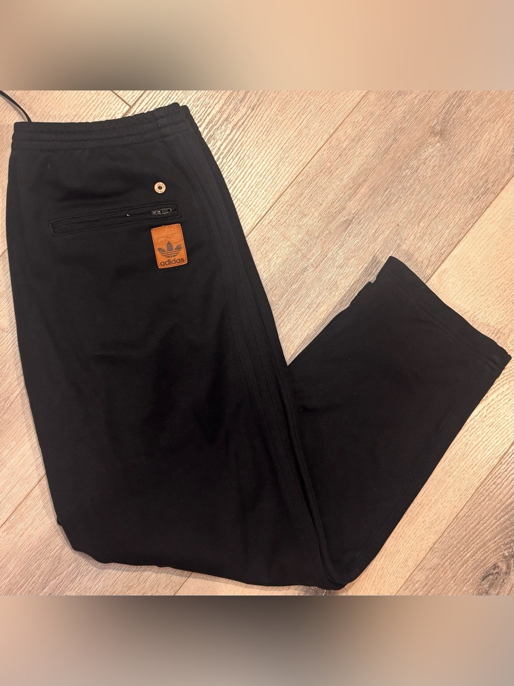 ADIDAS Black Joggers with Brown Leather Logo Patch